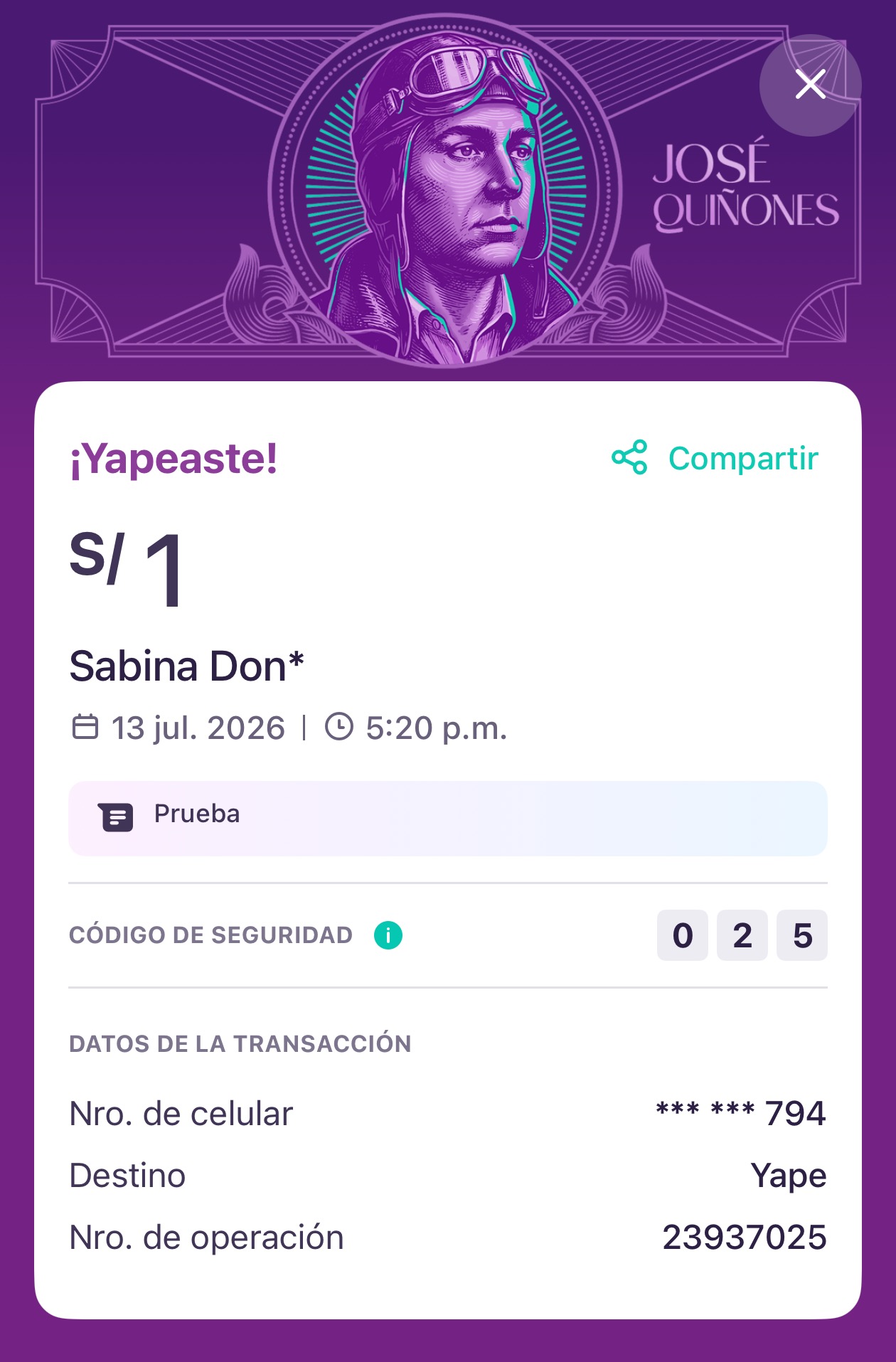 A Yape payment confirmation screen showing an amount in soles, a recipient name, a date and time, a three-digit security code, and an operation number.